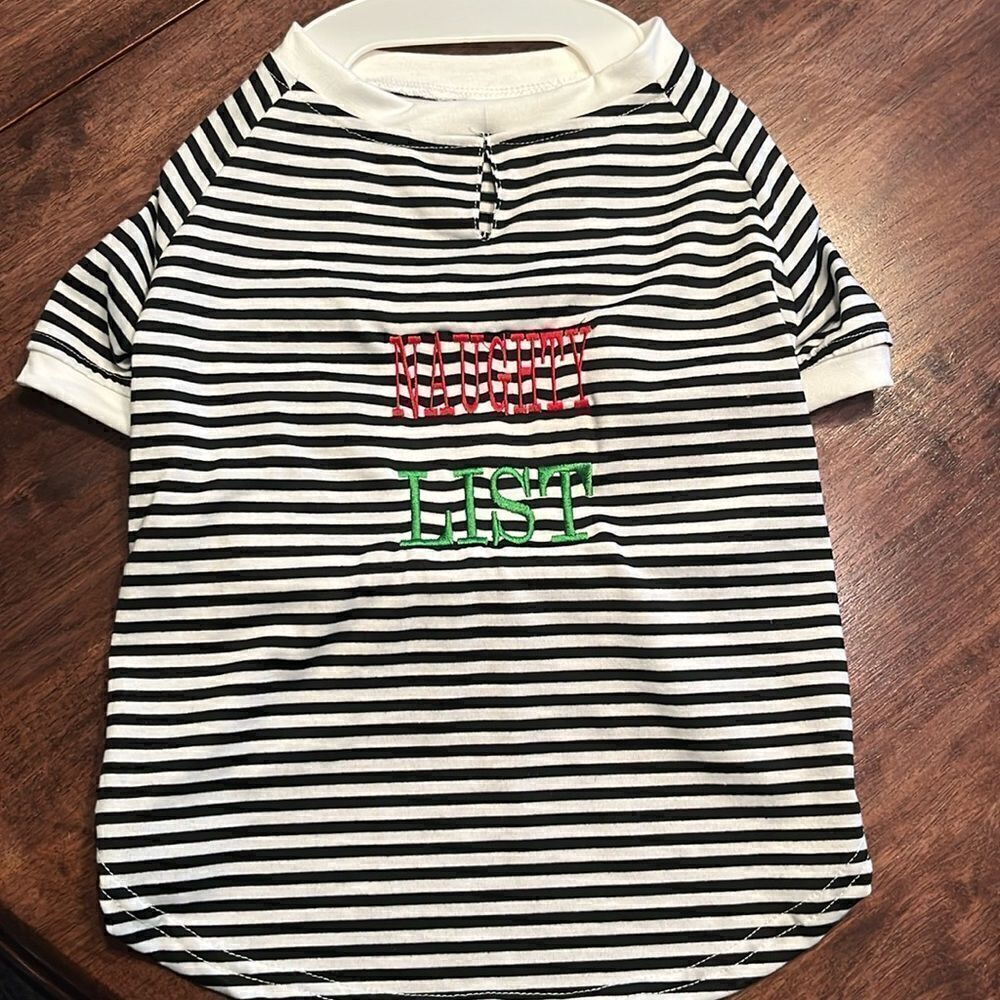 Tails & Noses Everyday Black White Striped Dog Christmas Shirt Naughty List- Lge